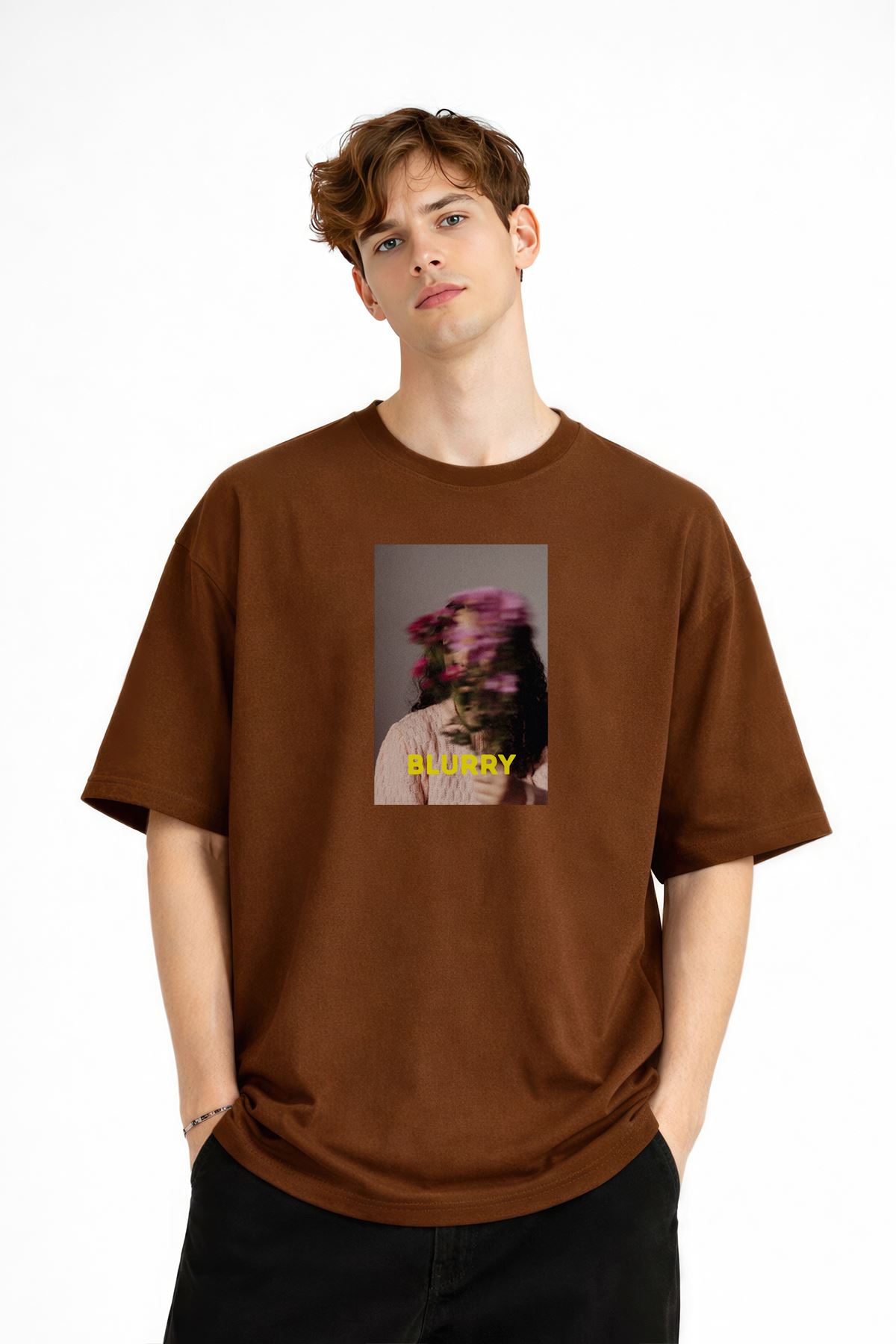 Blurry - Oversize Erkek Tişört KAHVE