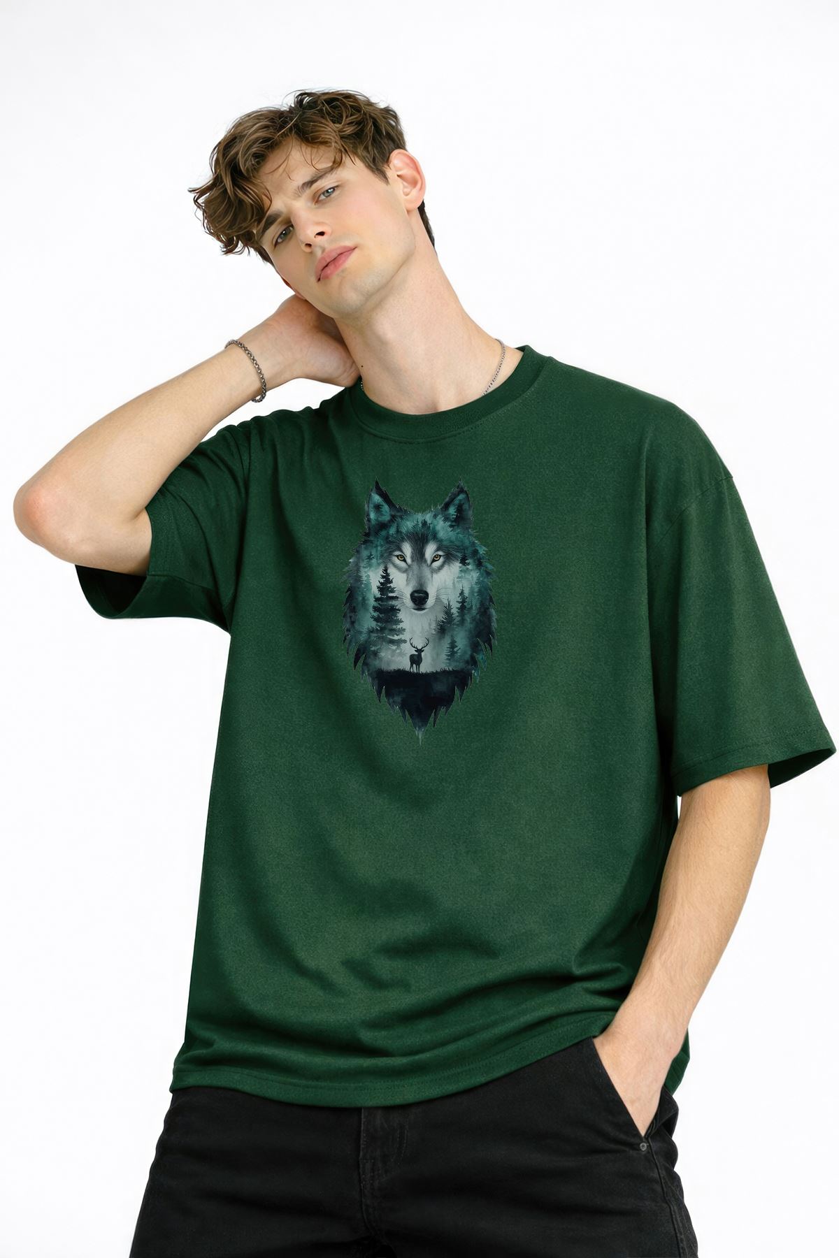 Wolf - Oversize Erkek Tişört HAKI