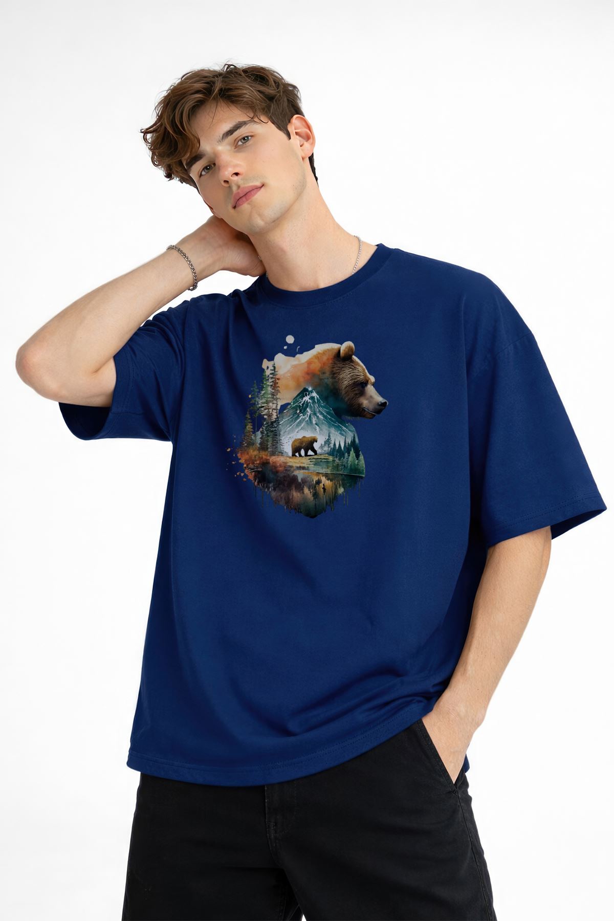 Bear2 - Oversize Tişört Koyu Mavi