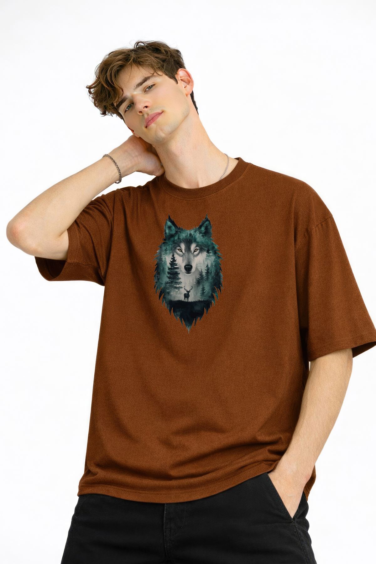 Wolf - Oversize Erkek Tişört KAHVE