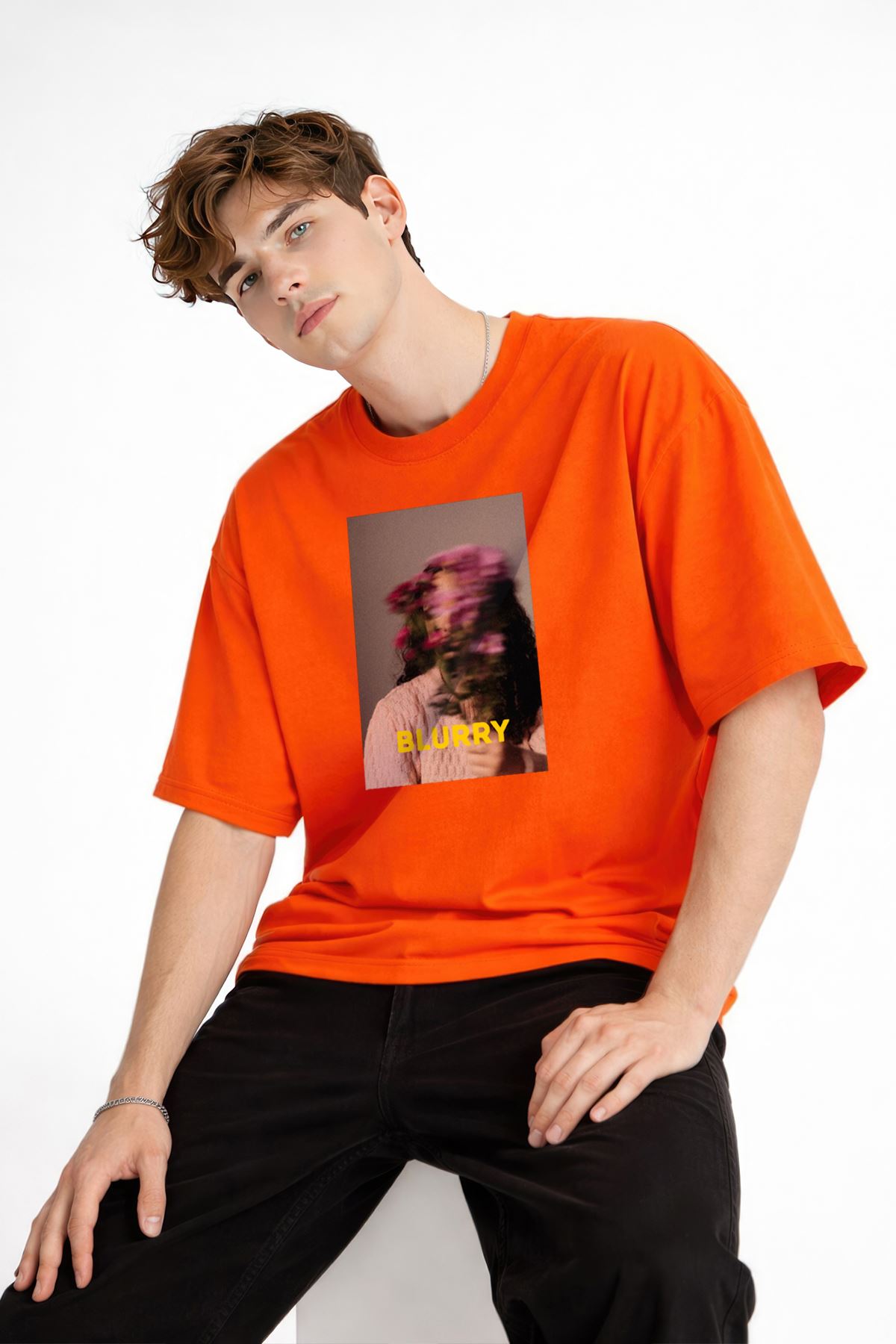 Blurry - Oversize Erkek Tişört TURUNCU