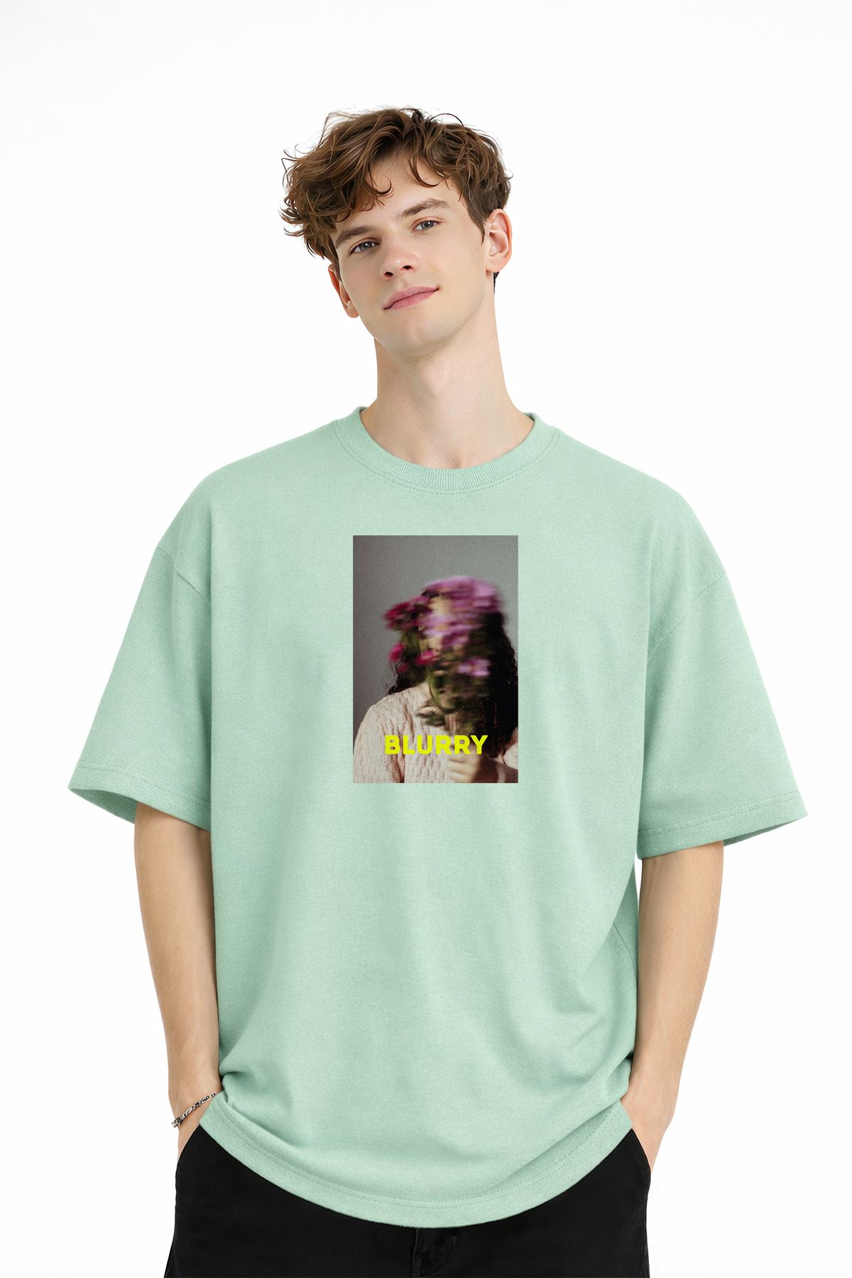 Blurry - Oversize Erkek Tişört SU YESILI