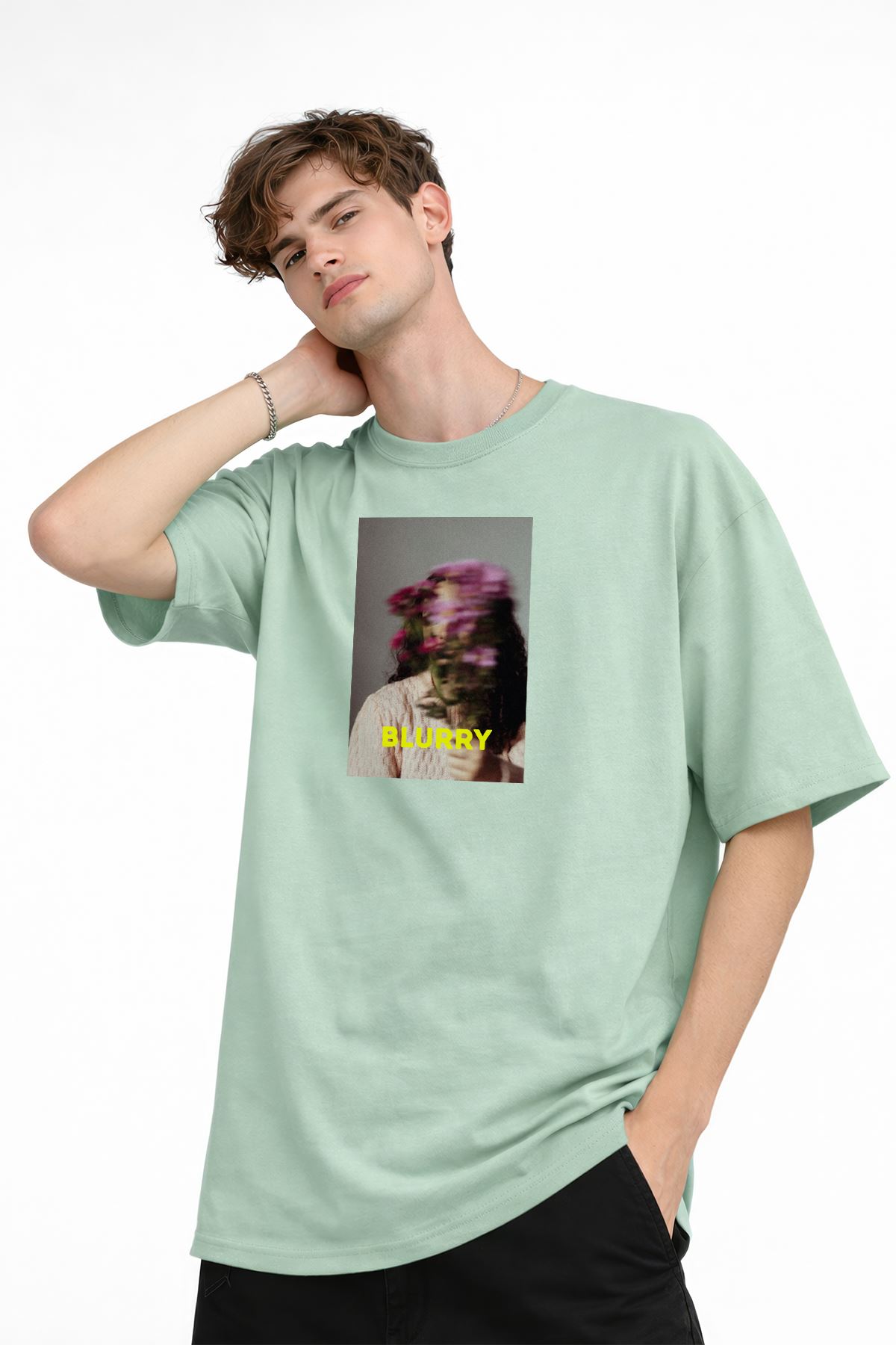 Blurry - Oversize Erkek Tişört SU YESILI