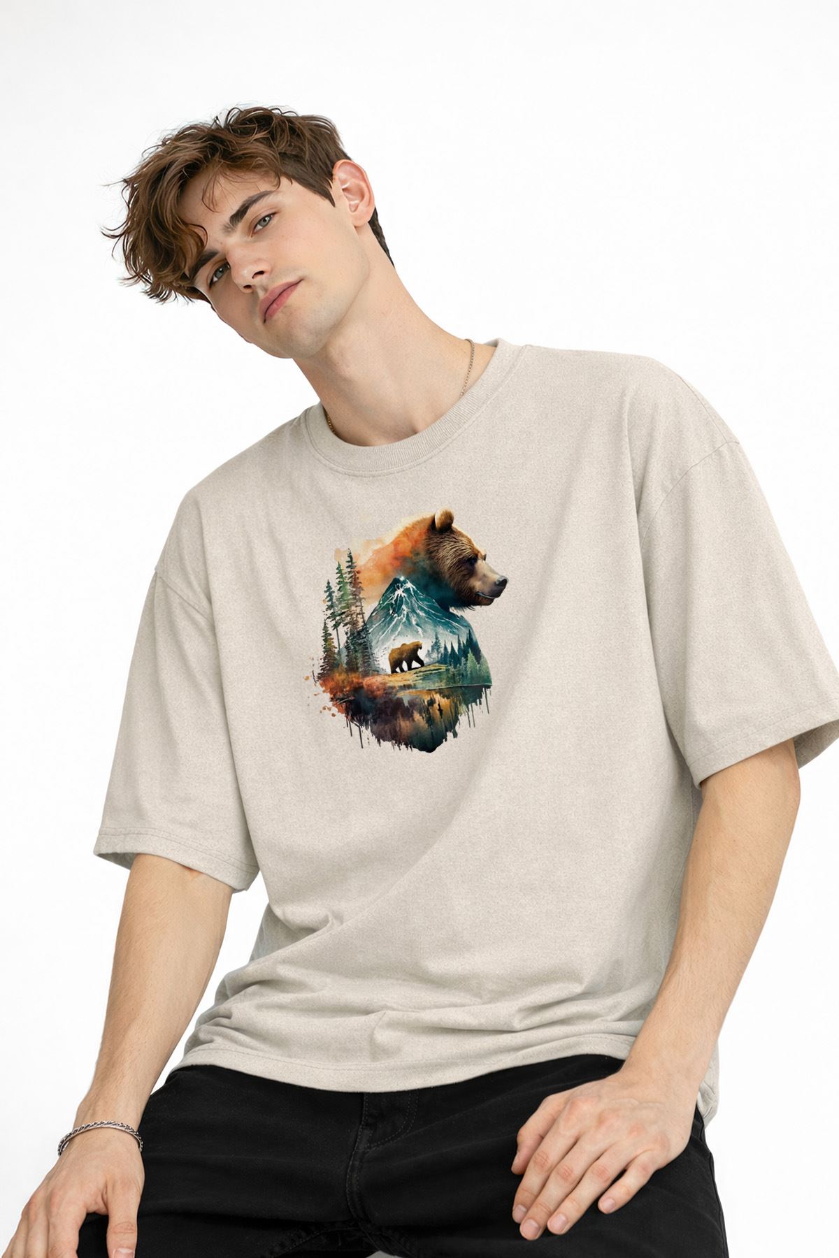 Bear2 - Oversize Tişört BEJ