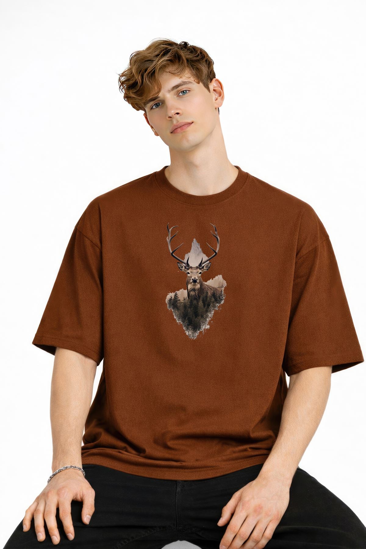 Deer - Oversize Erkek Tişört KAHVE