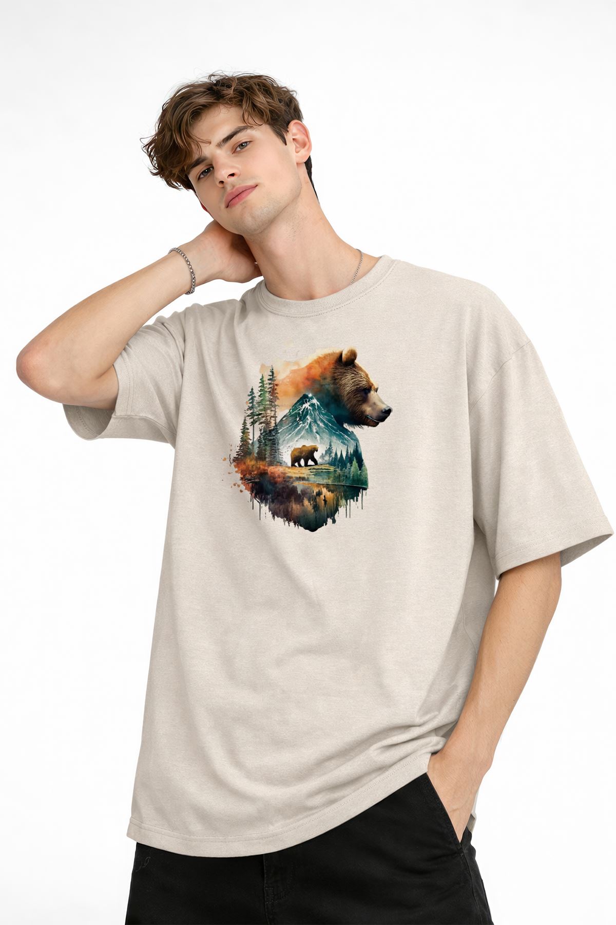 Bear2 - Oversize Tişört BEJ