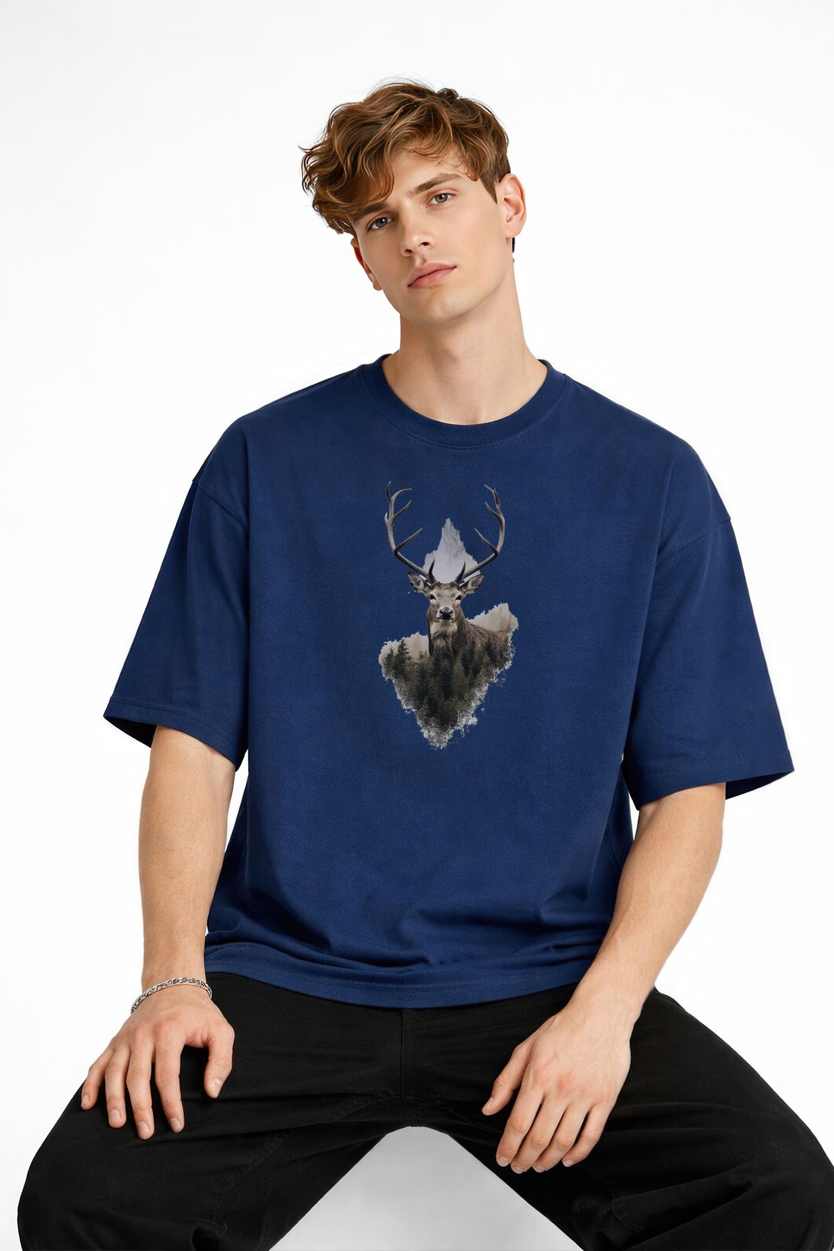Deer - Oversize Erkek Tişört Koyu Mavi