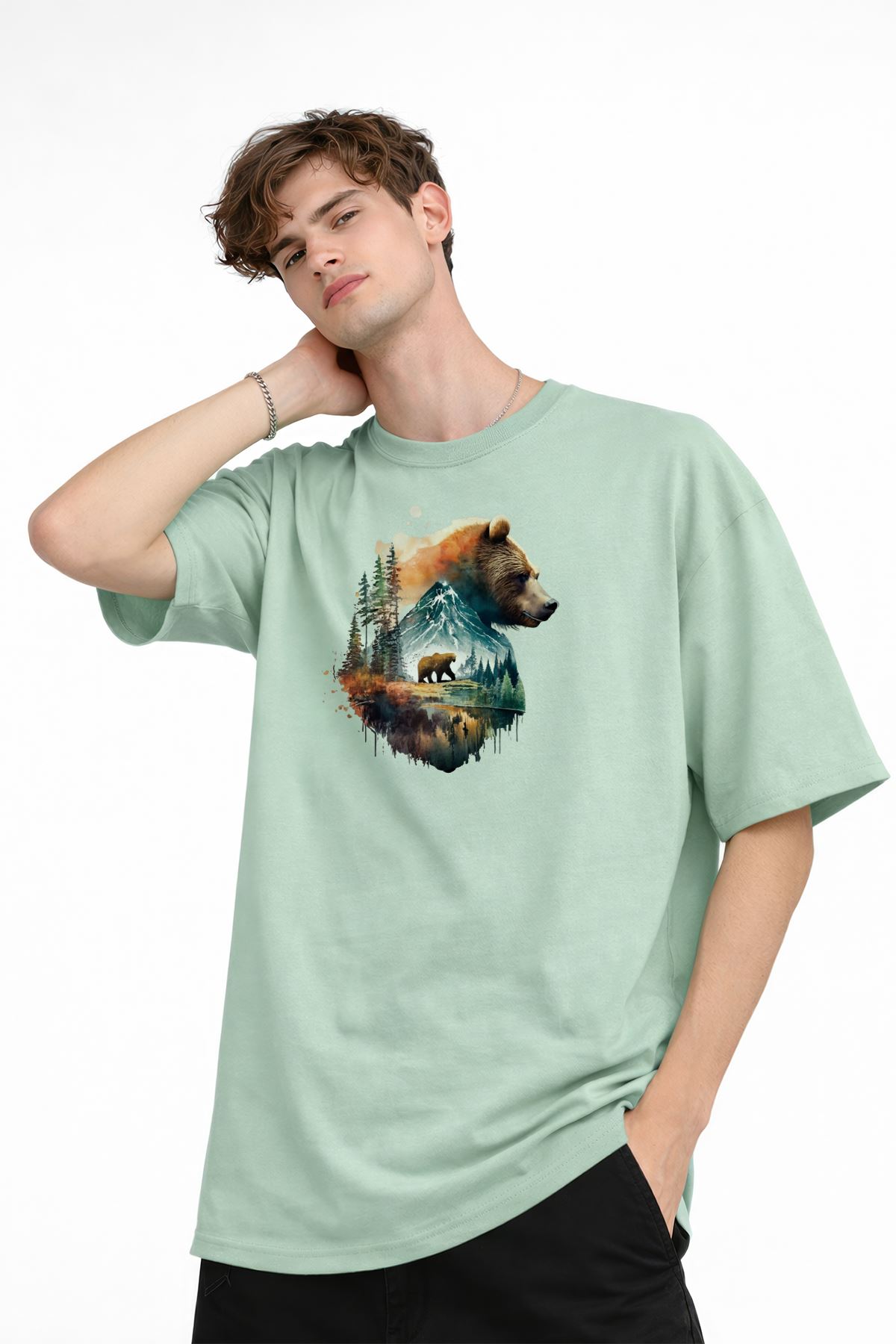 Bear2 - Oversize Tişört SU YESILI