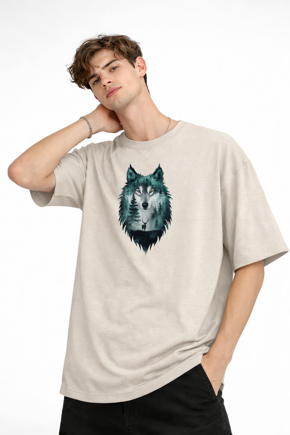 Wolf - Oversize Erkek Tişört BEJ