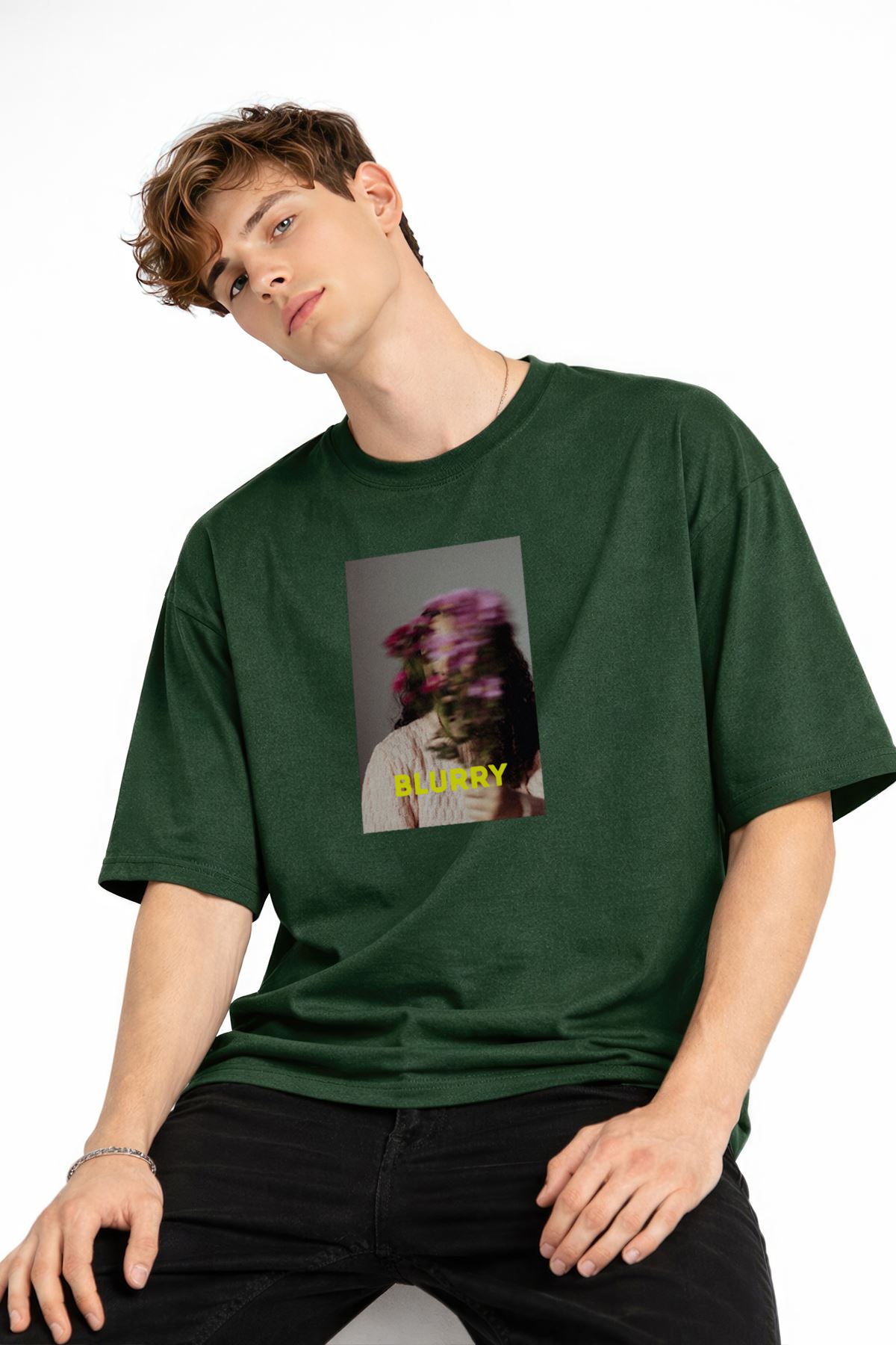 Blurry - Oversize Erkek Tişört HAKI