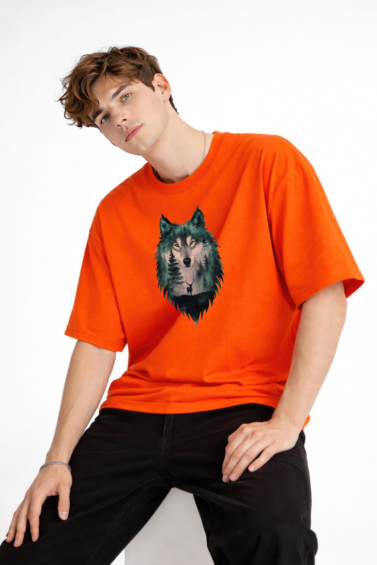 Wolf - Oversize Erkek Tişört TURUNCU