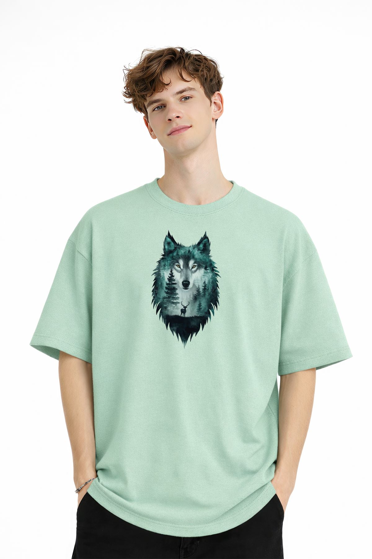 Wolf - Oversize Erkek Tişört SU YESILI