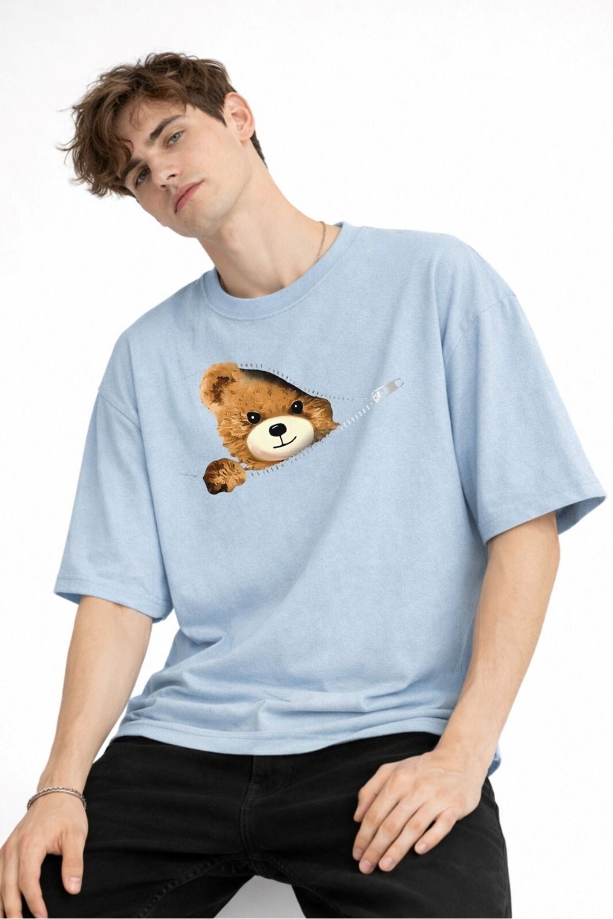 CH - Bear Baskılı Oversize Tişört AÇIK MAVİ