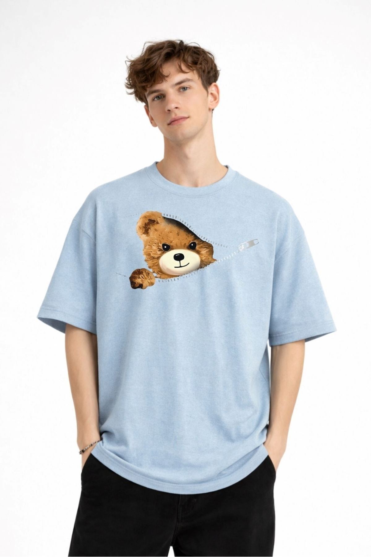 CH - Bear Baskılı Oversize Tişört AÇIK MAVİ