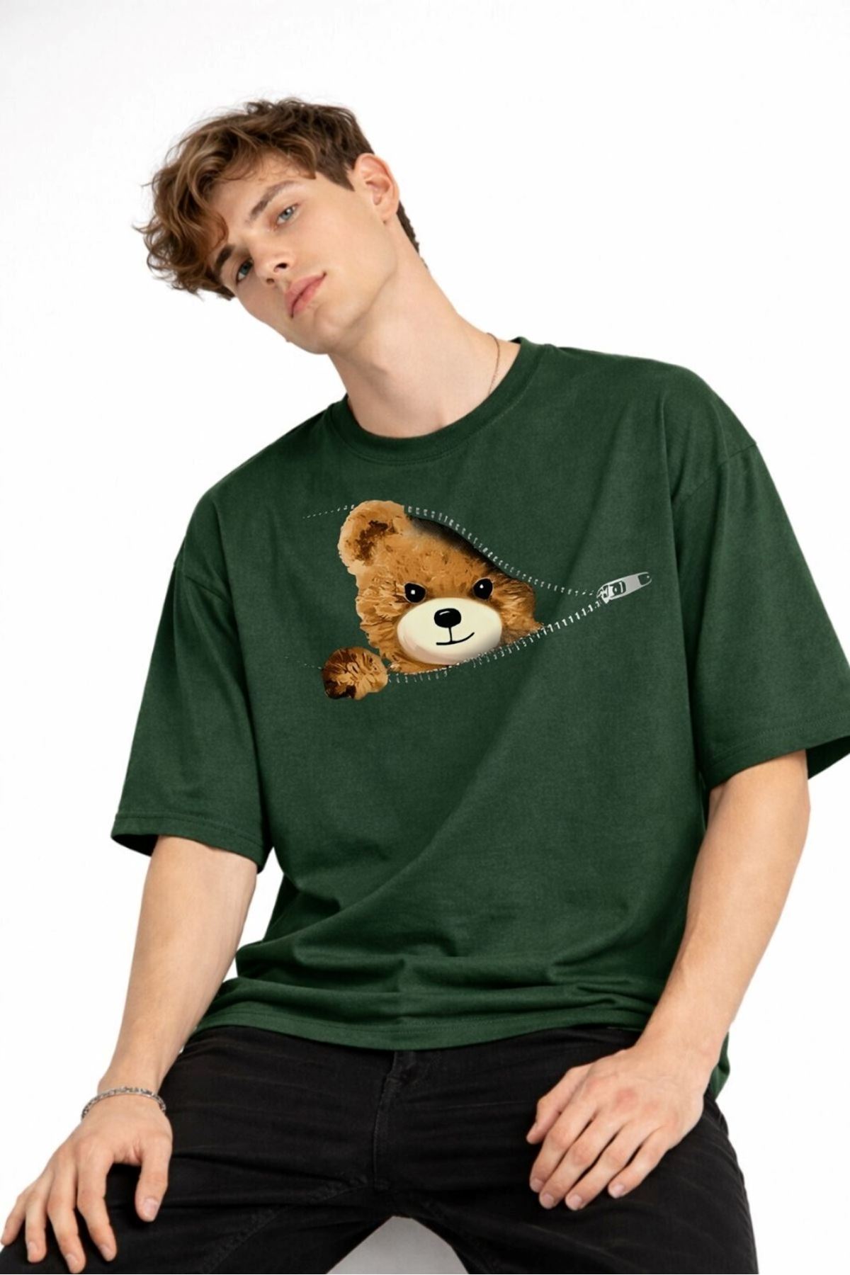 CH - Bear Baskılı Oversize Tişört HAKI