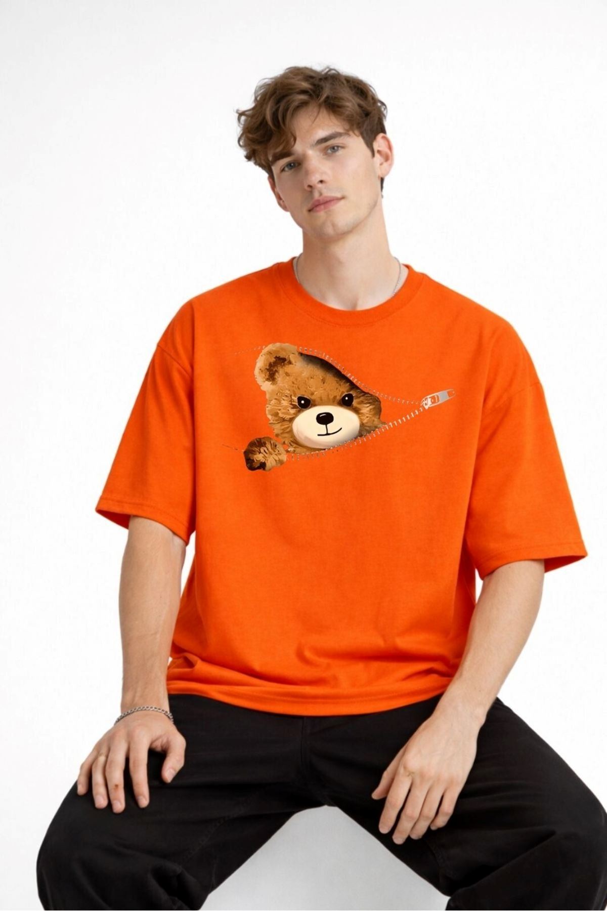 CH - Bear Baskılı Oversize Tişört TURUNCU