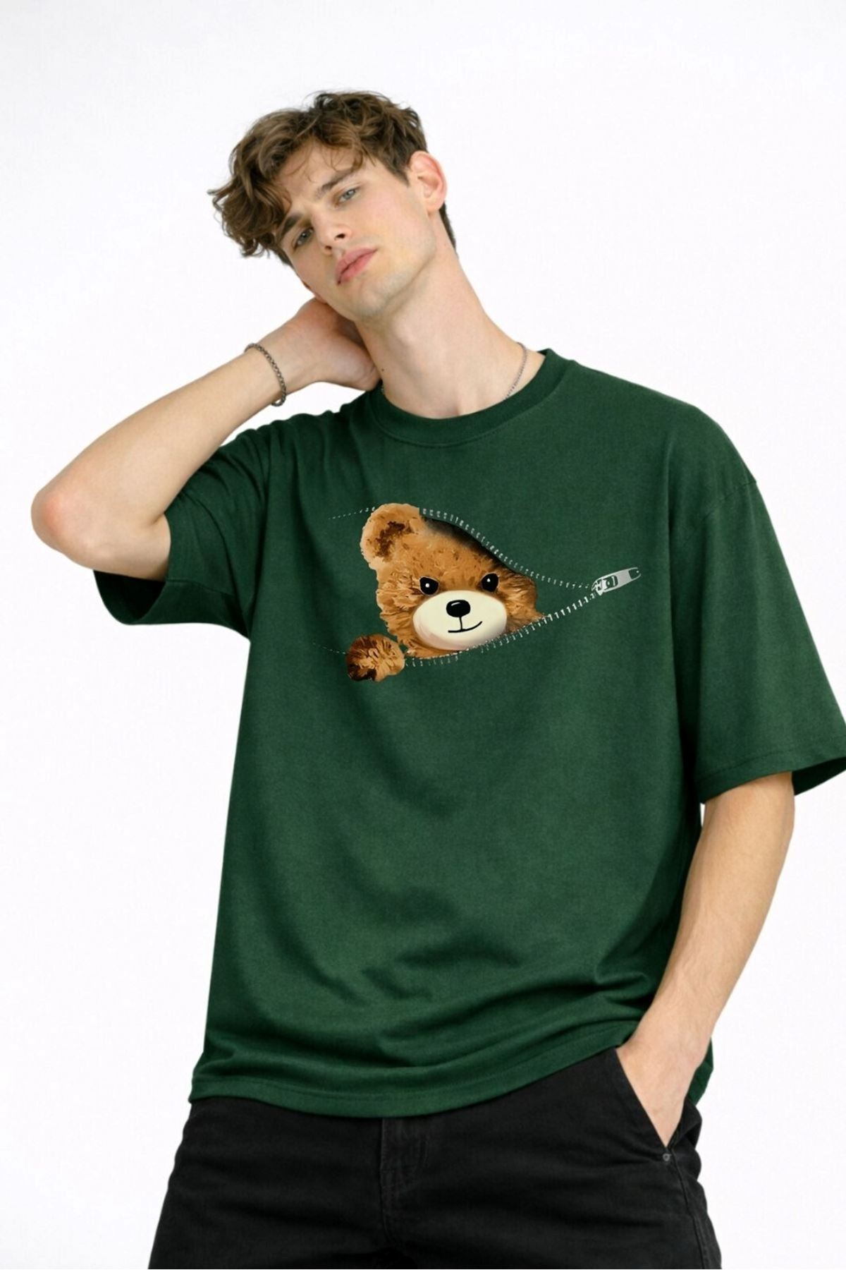 CH - Bear Baskılı Oversize Tişört HAKI