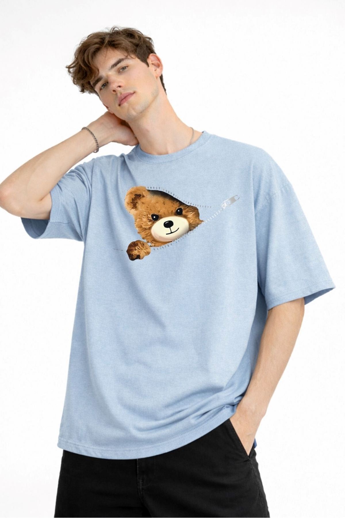 CH - Bear Baskılı Oversize Tişört AÇIK MAVİ