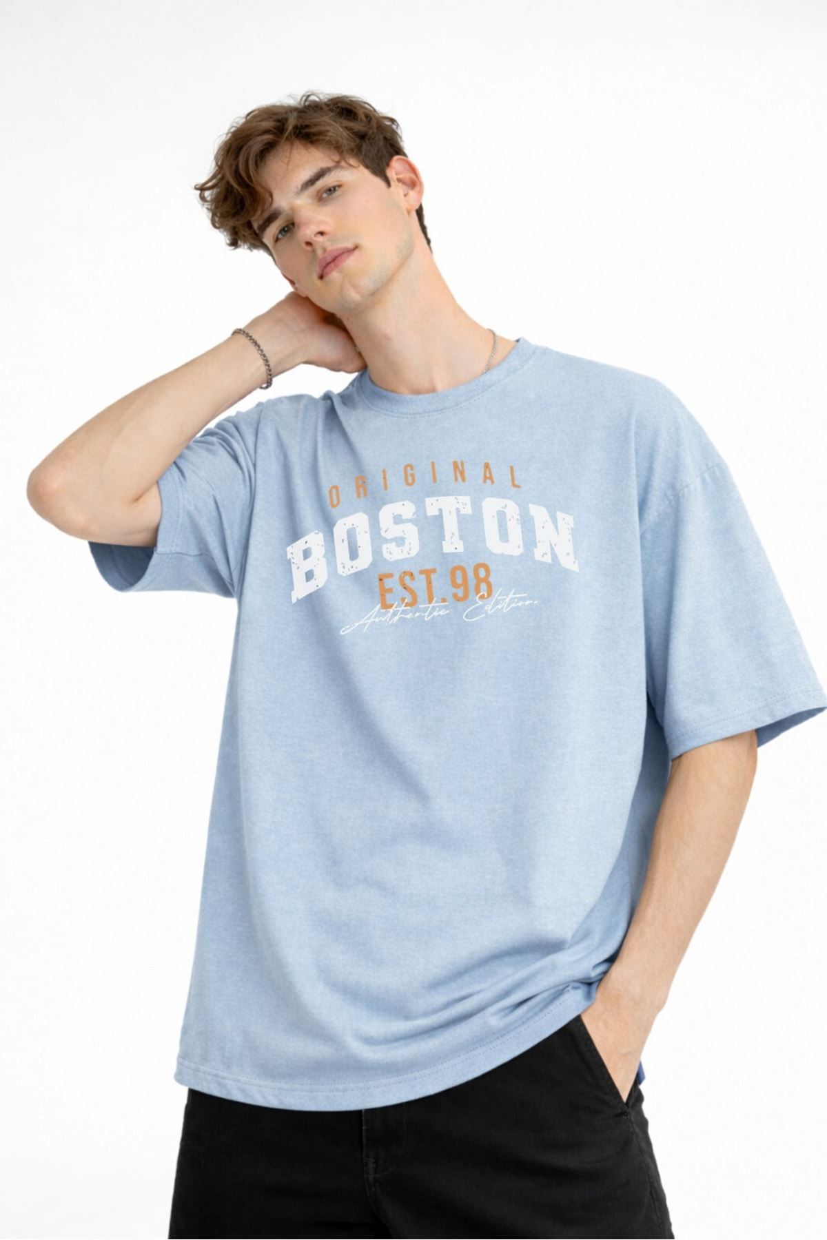 Boston - Baskılı Oversize Tişört AÇIK MAVİ