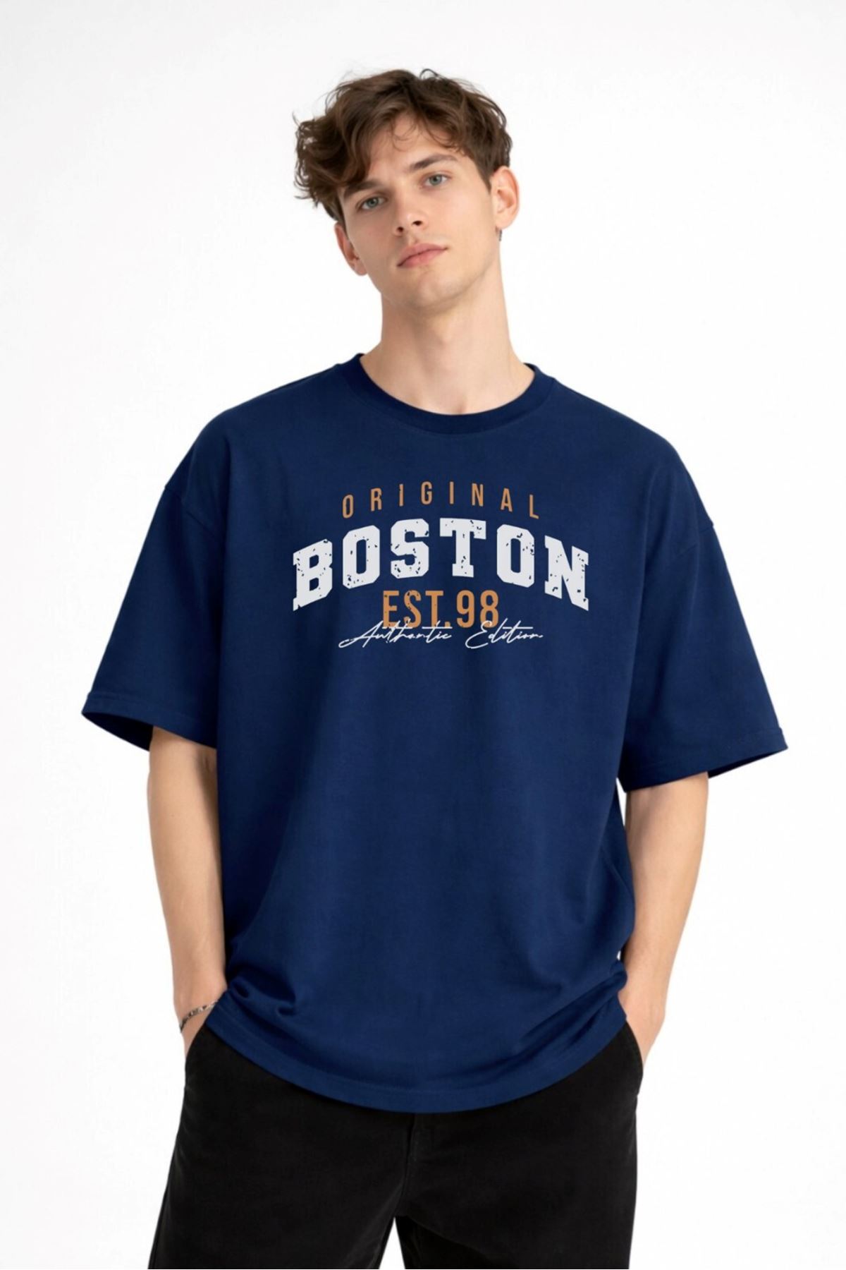 Boston - Baskılı Oversize Tişört LACIVERT