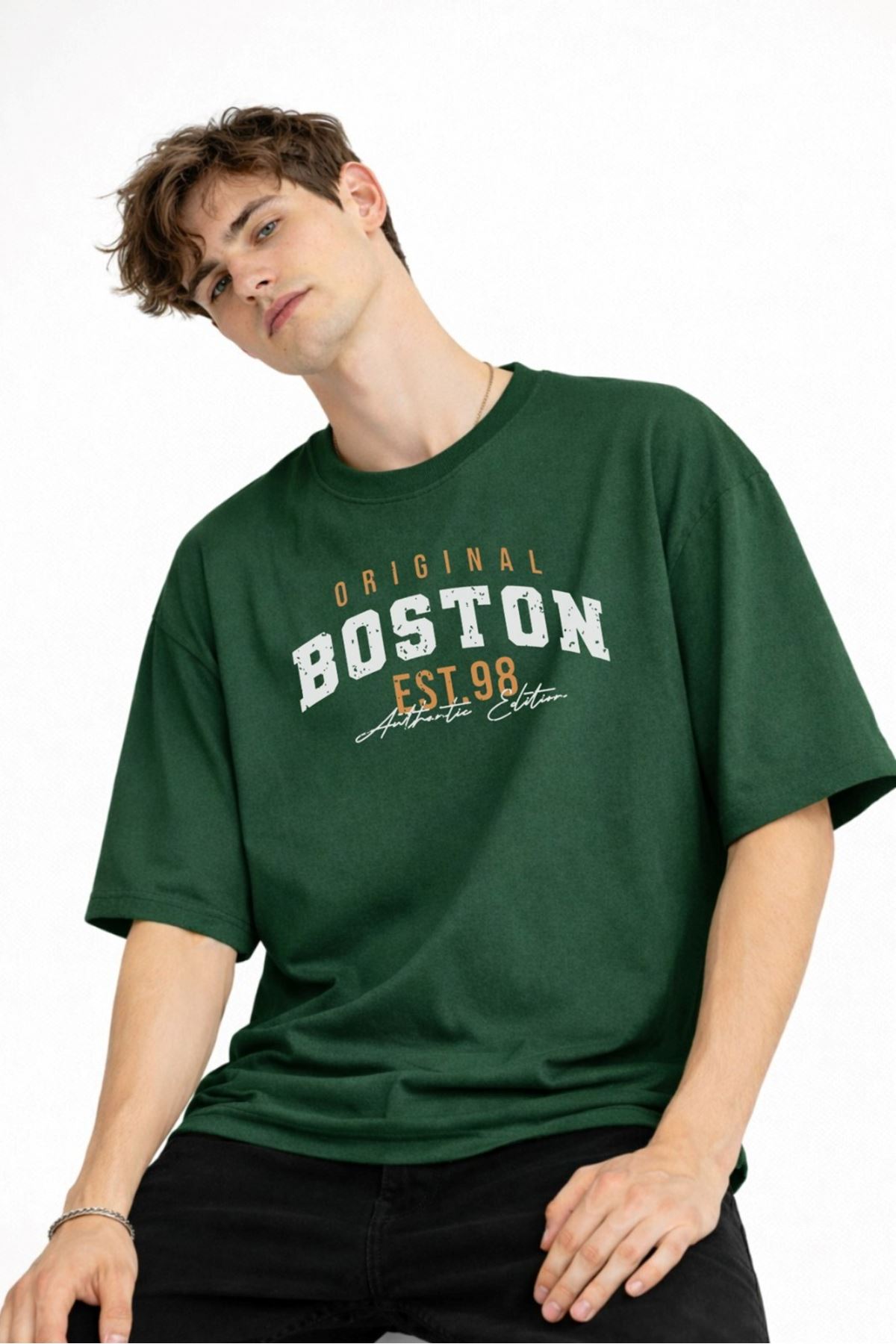 Boston - Baskılı Oversize Tişört HAKI