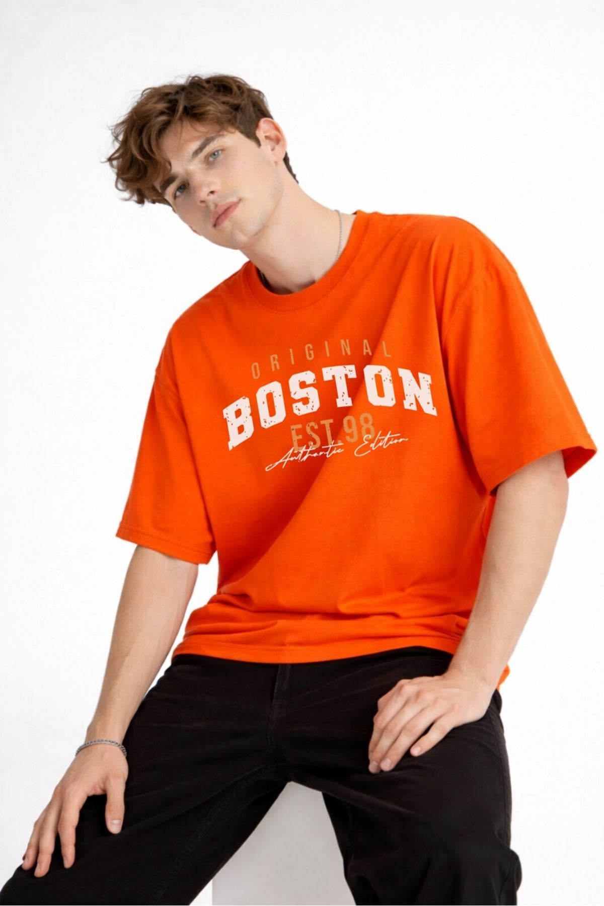 Boston - Baskılı Oversize Tişört TURUNCU