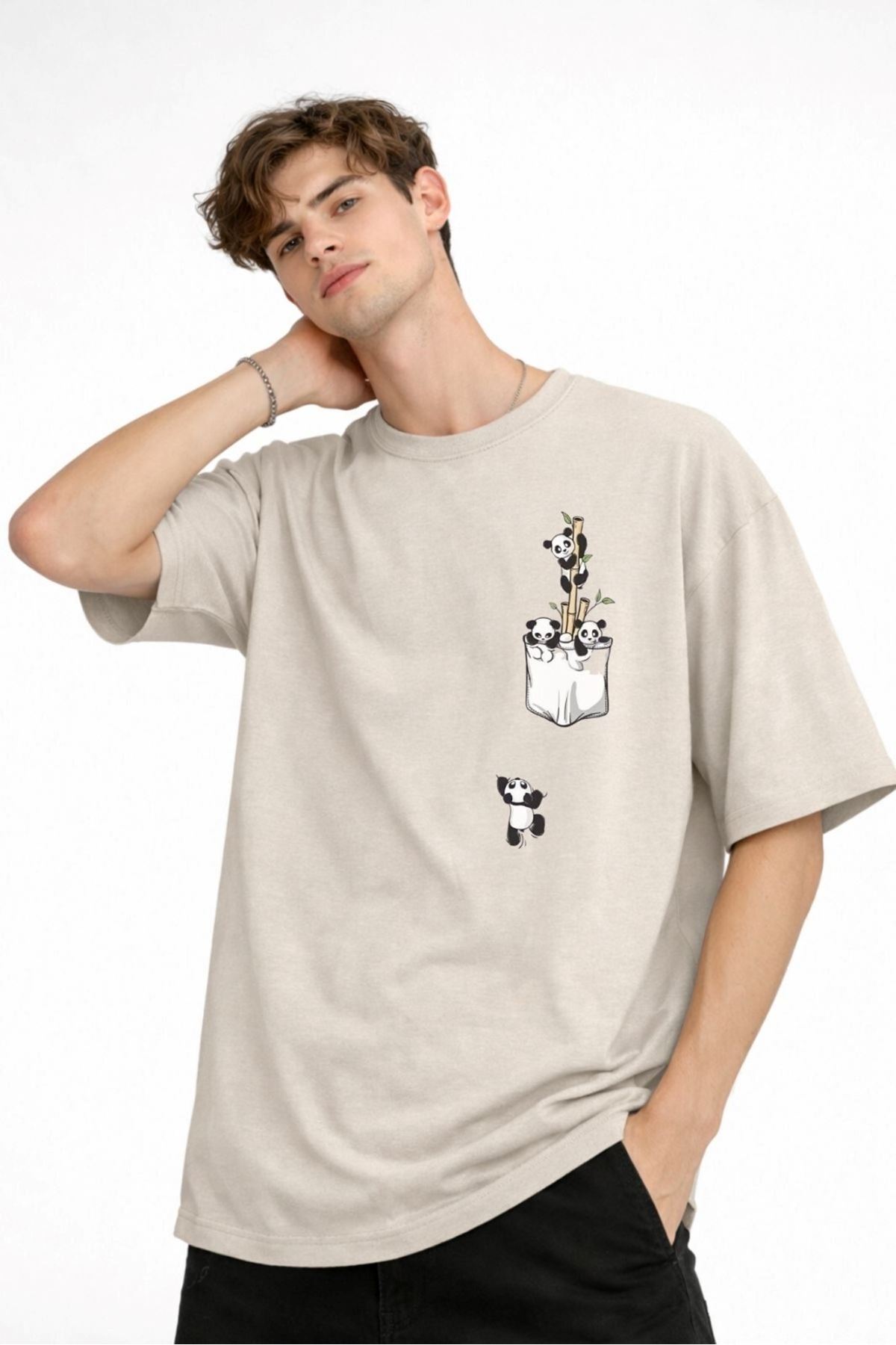 Panda - Baskılı Oversize Tişört BEJ