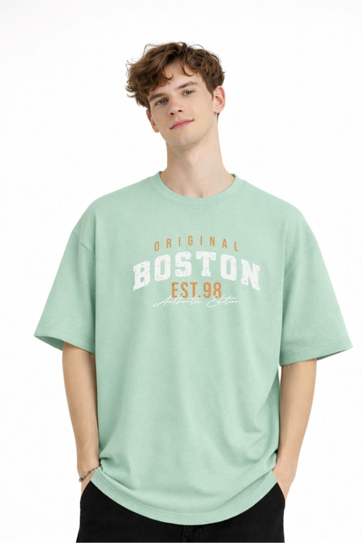 Boston - Baskılı Oversize Tişört SU YESILI