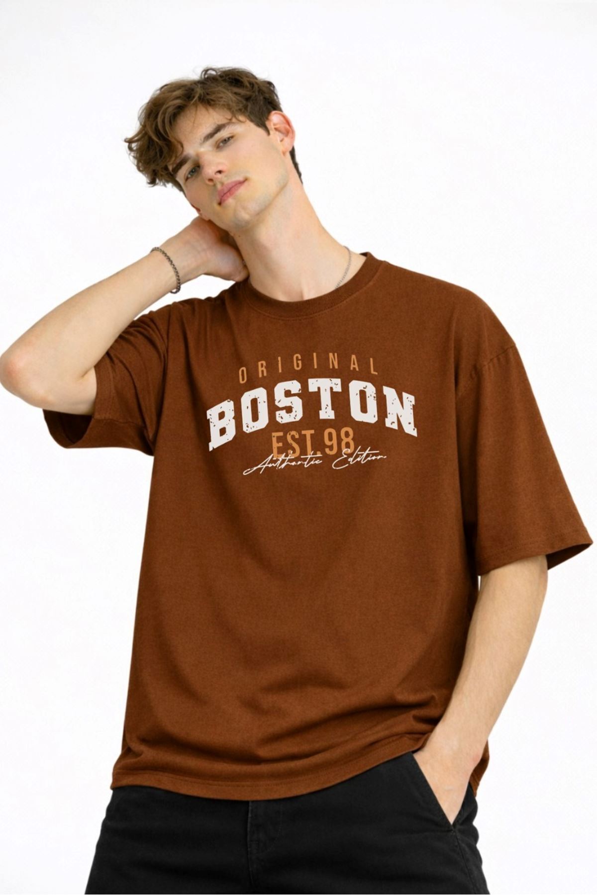 Boston - Baskılı Oversize Tişört KAHVE