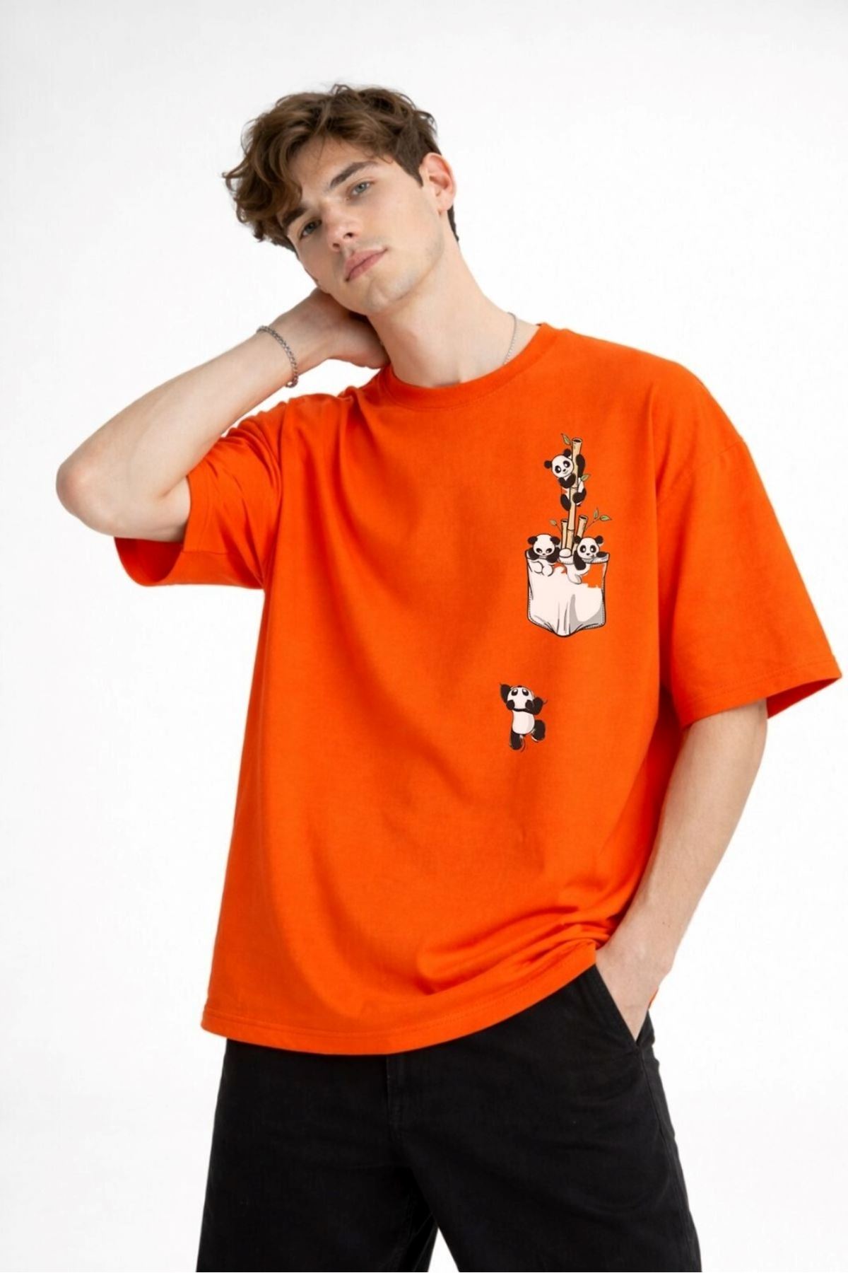 Panda - Baskılı Oversize Tişört TURUNCU