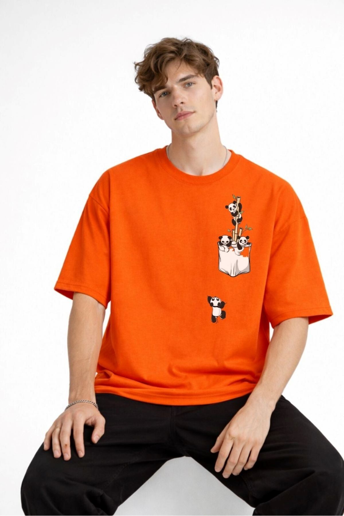 Panda - Baskılı Oversize Tişört TURUNCU