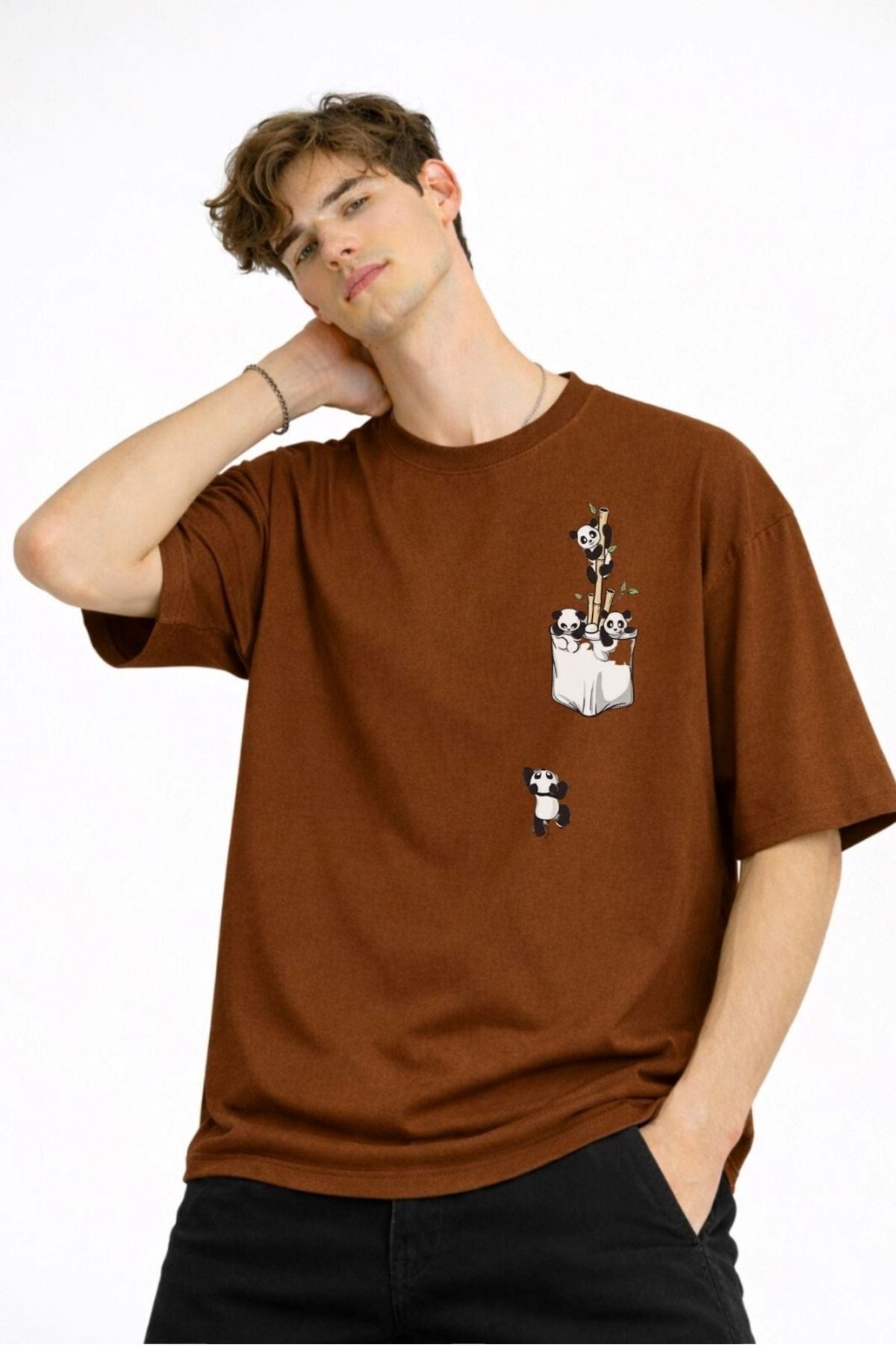 Panda - Baskılı Oversize Tişört KAHVE