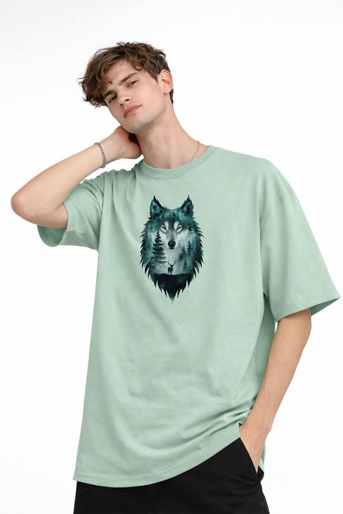Wolf - Oversize Erkek Tişört SU YESILI