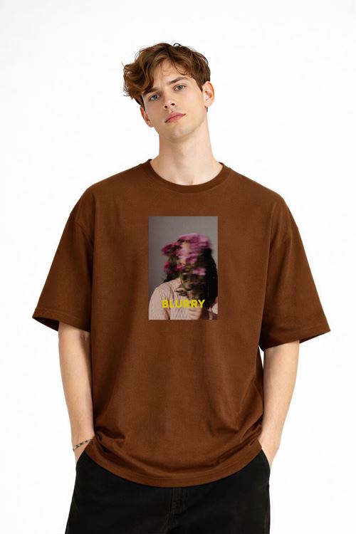 Blurry - Oversize Erkek Tişört KAHVE