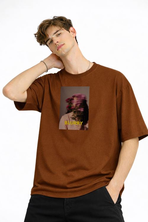 Blurry - Oversize Erkek Tişört KAHVE