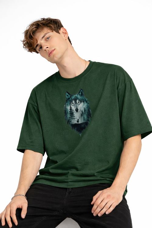 Wolf - Oversize Erkek Tişört HAKI