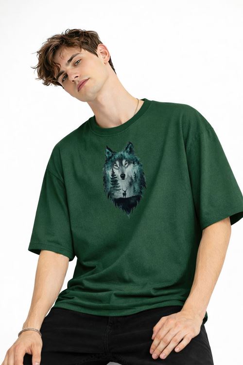 Wolf - Oversize Erkek Tişört HAKI