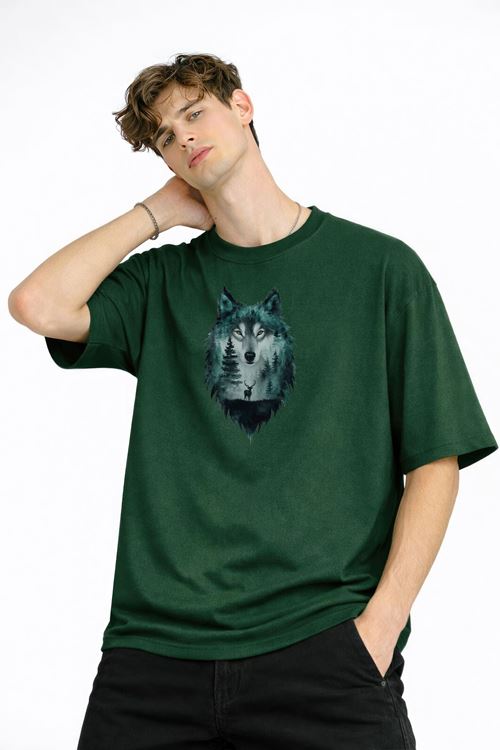 Wolf - Oversize Erkek Tişört HAKI