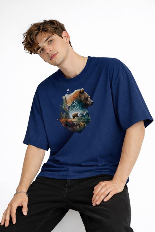 Bear2 - Oversize Tişört Koyu Mavi