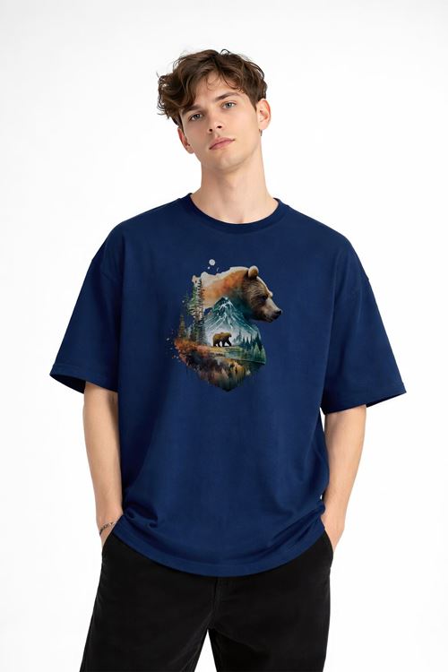 Bear2 - Oversize Tişört Koyu Mavi