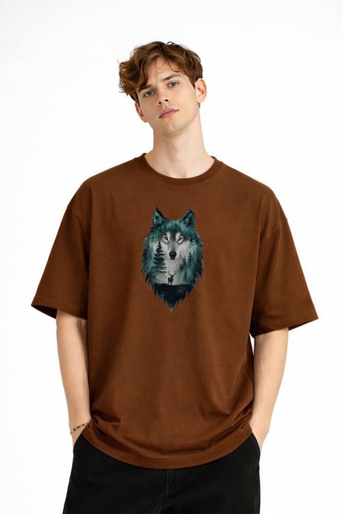 Wolf - Oversize Erkek Tişört KAHVE