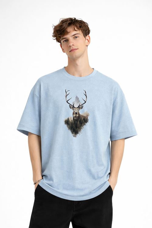 Deer - Oversize Erkek Tişört Bebek Mavisi