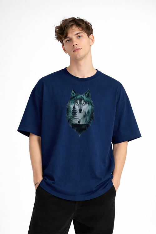Wolf - Oversize Erkek Tişört Koyu Mavi