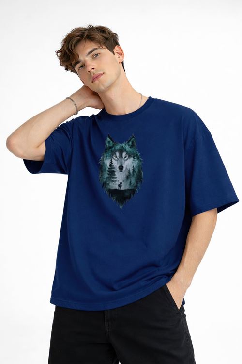 Wolf - Oversize Erkek Tişört Koyu Mavi