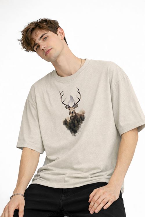 Deer - Oversize Erkek Tişört BEJ