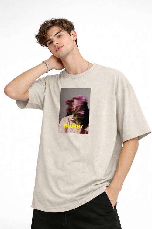 Blurry - Oversize Erkek Tişört BEJ