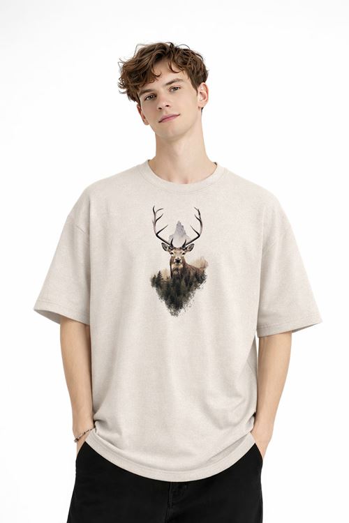 Deer - Oversize Erkek Tişört BEJ