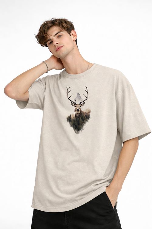 Deer - Oversize Erkek Tişört BEJ