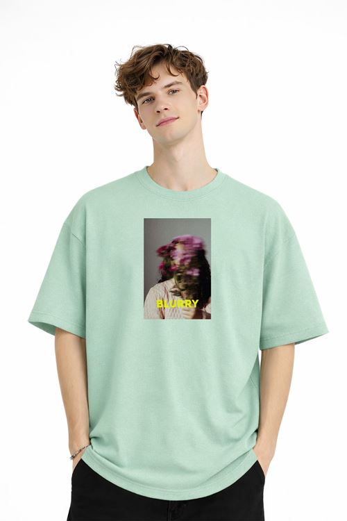 Blurry - Oversize Erkek Tişört SU YESILI