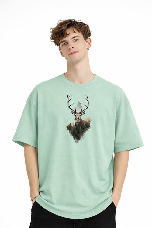 Deer - Oversize Erkek Tişört SU YESILI